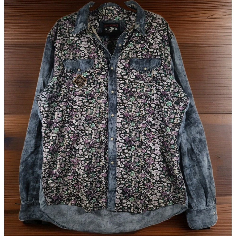 Winchester Mens XL Western Shirt Floral Acid Wash Denim Look Pearl Snap Wildlife